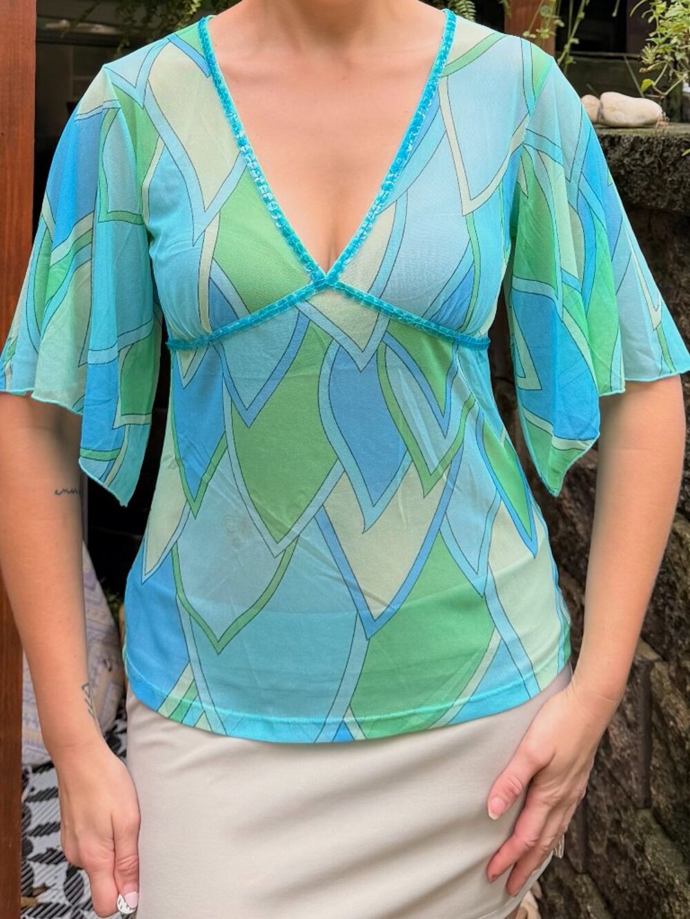Vintage Y2K Sheer Mesh Mid Century Mod Style Bell Sleeve Top